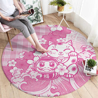 Pink Palaka Hawaiian And Japanese Round Carpet Maneki Neko And Sakura Bloom