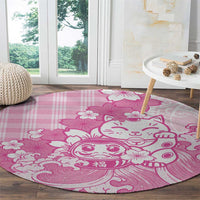 Pink Palaka Hawaiian And Japanese Round Carpet Maneki Neko And Sakura Bloom
