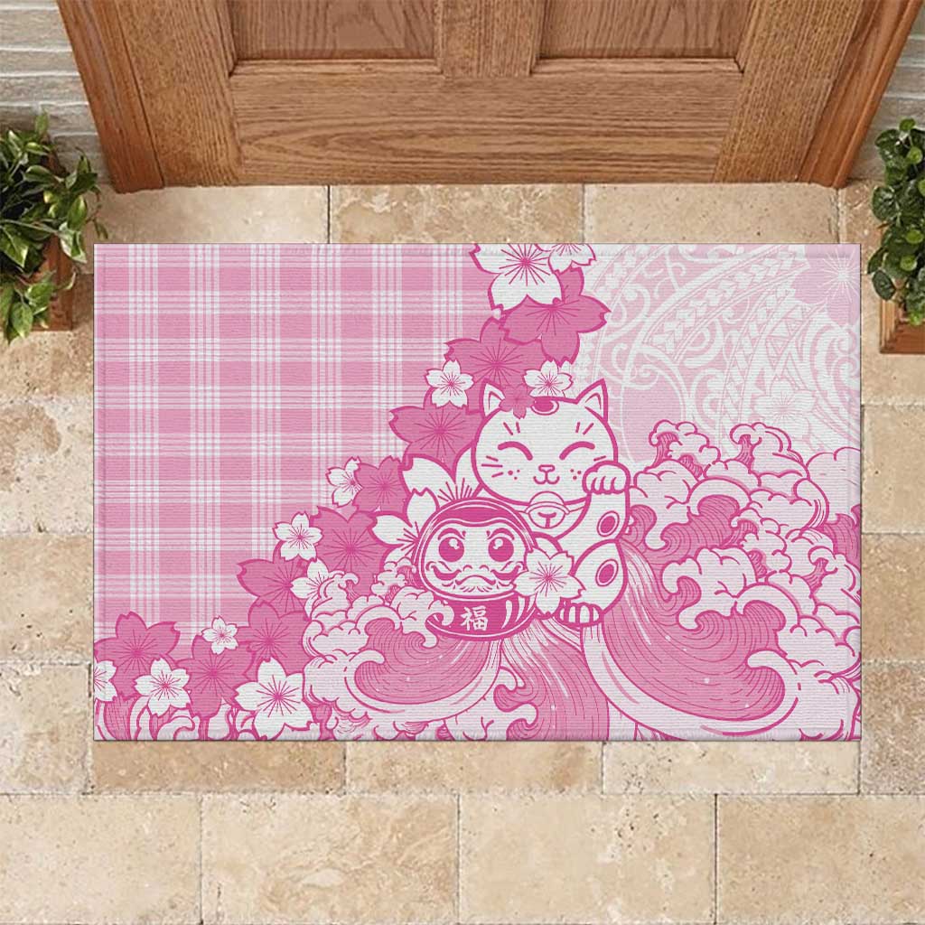 Pink Palaka Hawaiian And Japanese Rubber Doormat Maneki Neko And Sakura Bloom