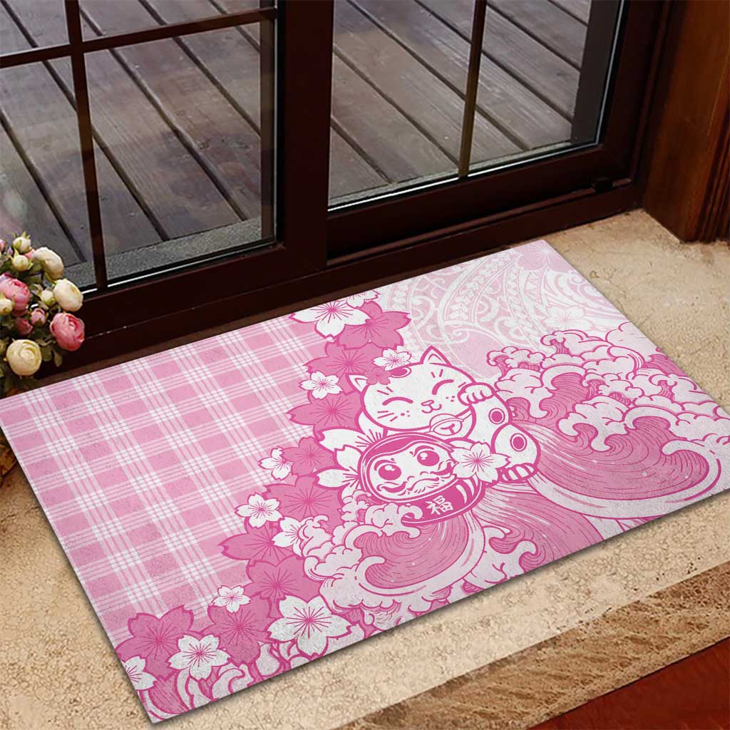 Pink Palaka Hawaiian And Japanese Rubber Doormat Maneki Neko And Sakura Bloom
