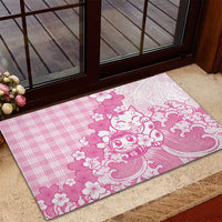 Pink Palaka Hawaiian And Japanese Rubber Doormat Maneki Neko And Sakura Bloom