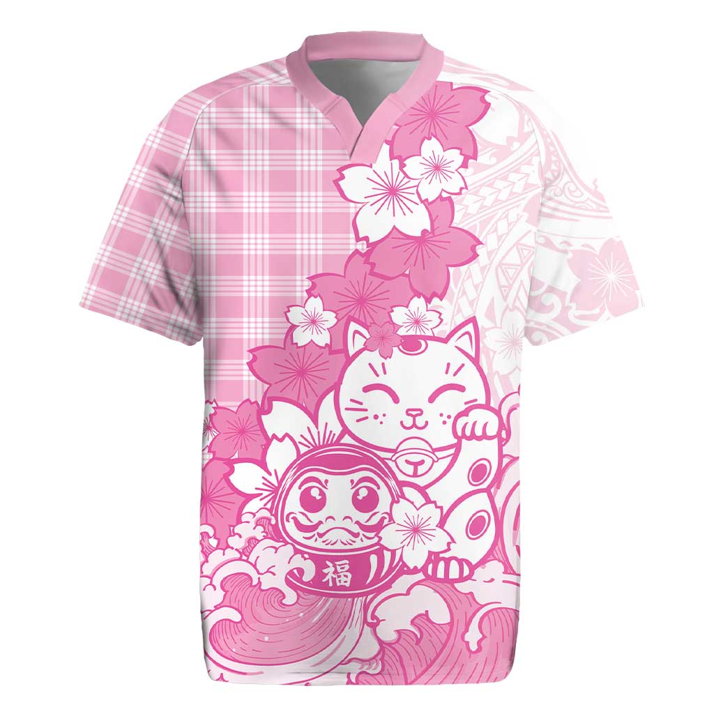 Pink Palaka Hawaiian And Japanese Rugby Jersey Maneki Neko And Sakura Bloom