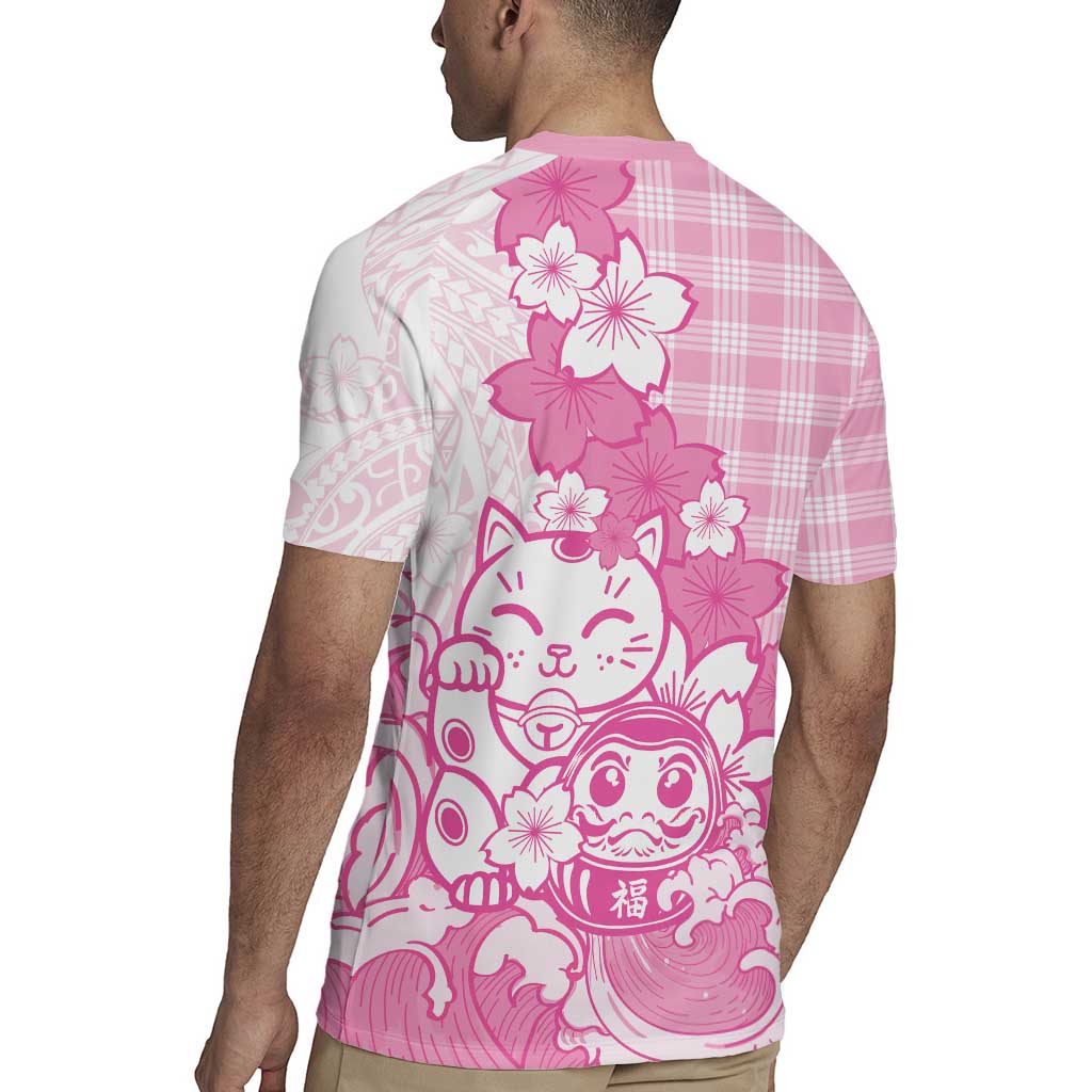 Pink Palaka Hawaiian And Japanese Rugby Jersey Maneki Neko And Sakura Bloom