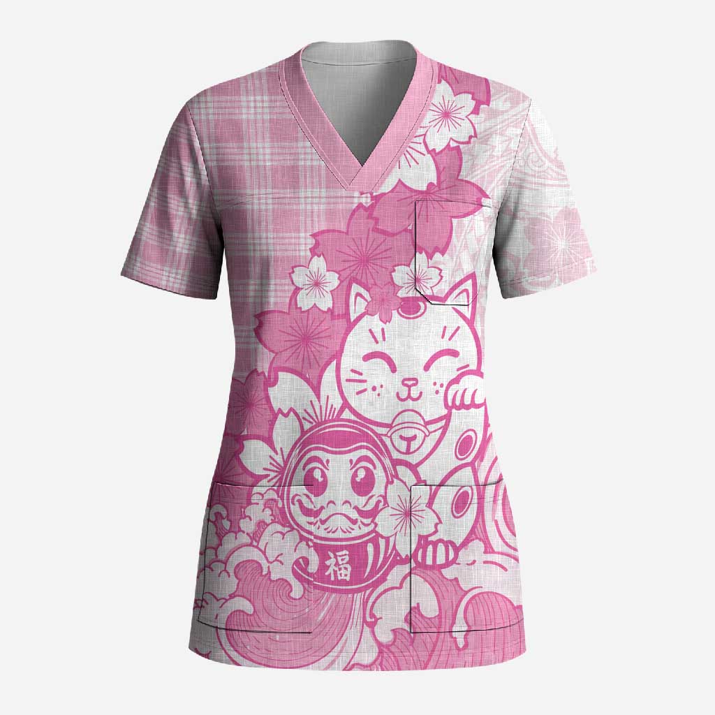 Pink Palaka Hawaiian And Japanese Scrub Top Maneki Neko And Sakura Bloom