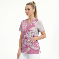 Pink Palaka Hawaiian And Japanese Scrub Top Maneki Neko And Sakura Bloom