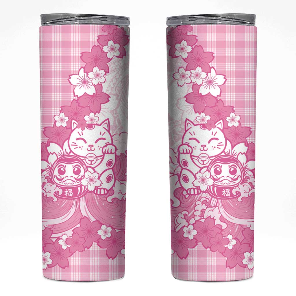 Pink Palaka Hawaiian And Japanese Skinny Tumbler Maneki Neko And Sakura Bloom