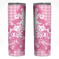 Pink Palaka Hawaiian And Japanese Skinny Tumbler Maneki Neko And Sakura Bloom