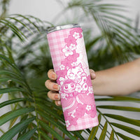 Pink Palaka Hawaiian And Japanese Skinny Tumbler Maneki Neko And Sakura Bloom