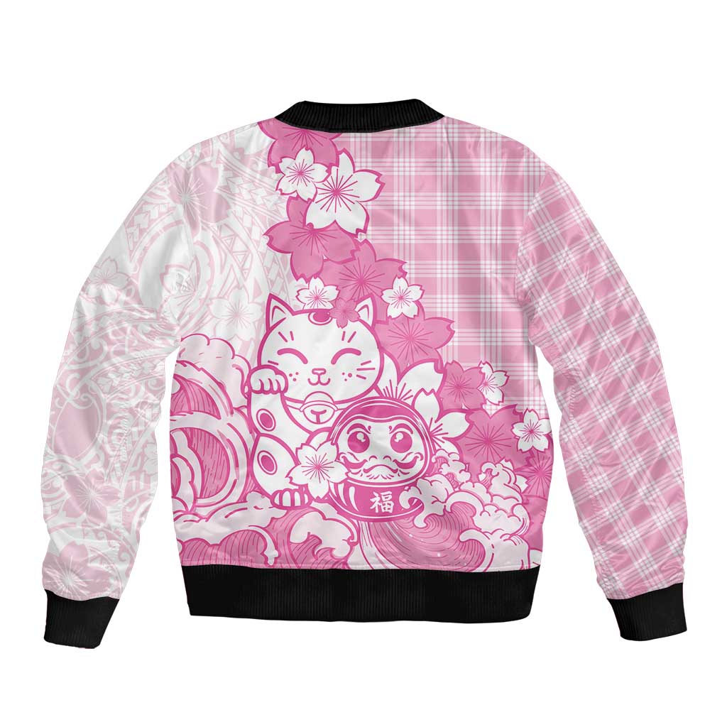 Pink Palaka Hawaiian And Japanese Sleeve Zip Bomber Jacket Maneki Neko And Sakura Bloom
