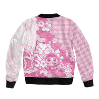 Pink Palaka Hawaiian And Japanese Sleeve Zip Bomber Jacket Maneki Neko And Sakura Bloom