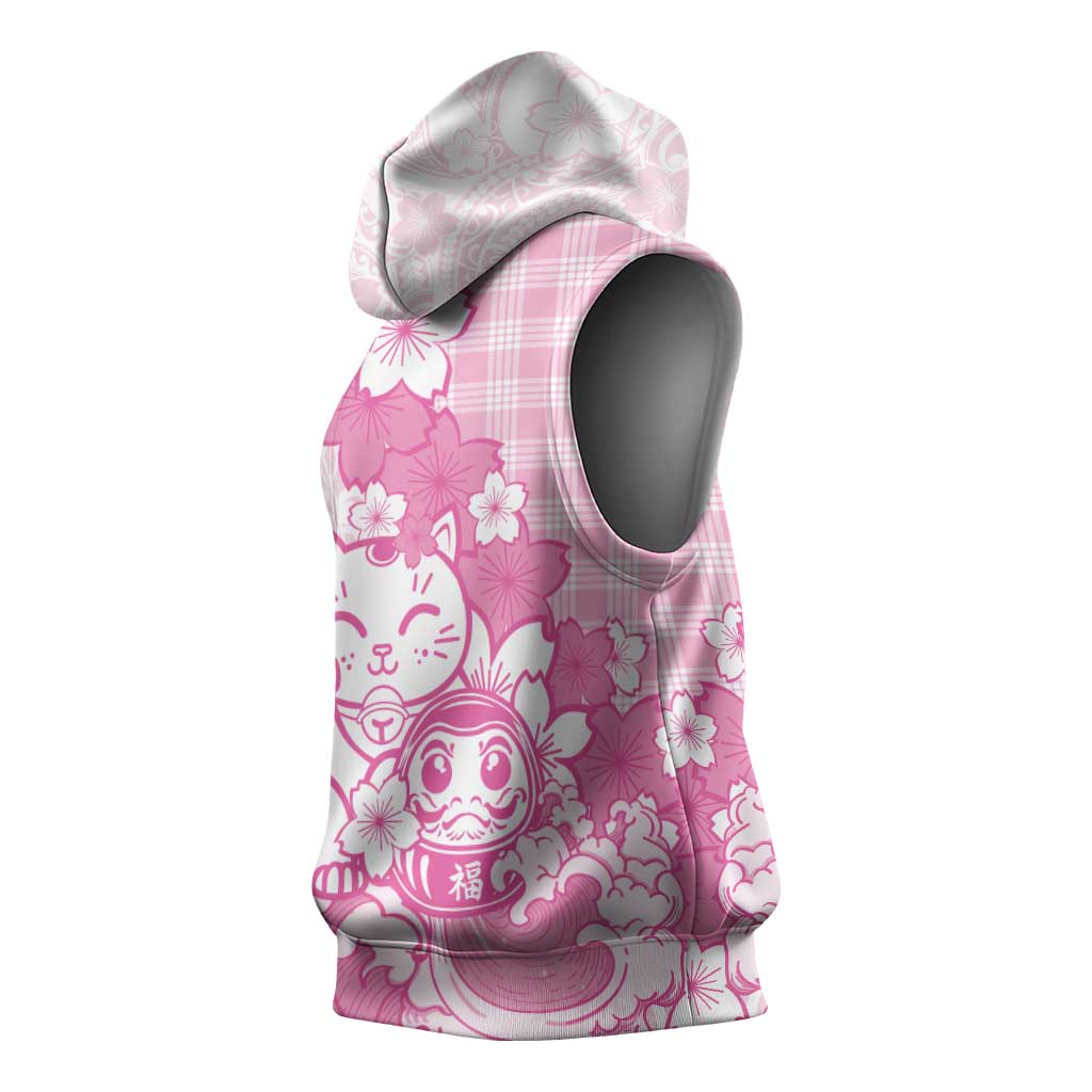 Pink Palaka Hawaiian And Japanese Sleeveless Hoodie Maneki Neko And Sakura Bloom
