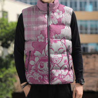 Pink Palaka Hawaiian And Japanese Sleeveless Puffer Jacket Maneki Neko And Sakura Bloom