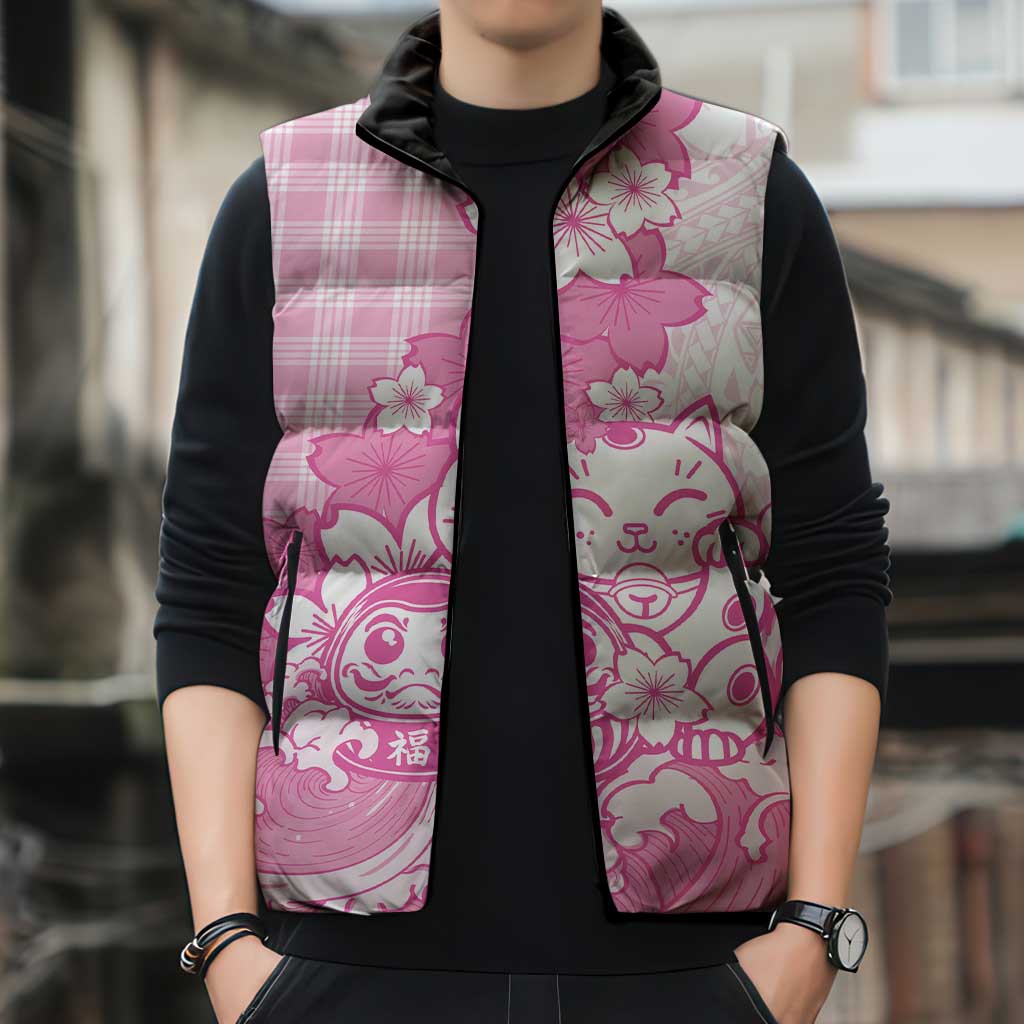 Pink Palaka Hawaiian And Japanese Sleeveless Puffer Jacket Maneki Neko And Sakura Bloom
