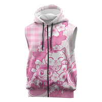 Pink Palaka Hawaiian And Japanese Sleeveless Zip Hoodie Maneki Neko And Sakura Bloom