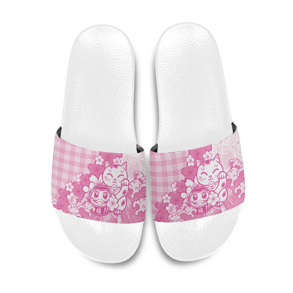 Pink Palaka Hawaiian And Japanese Slide Sandals Maneki Neko And Sakura Bloom
