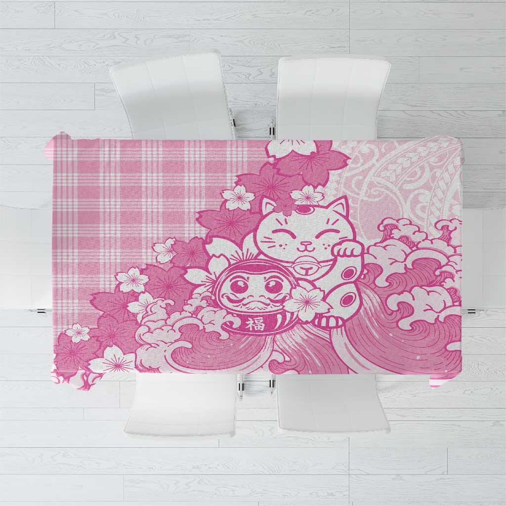 Pink Palaka Hawaiian And Japanese Tablecloth Maneki Neko And Sakura Bloom