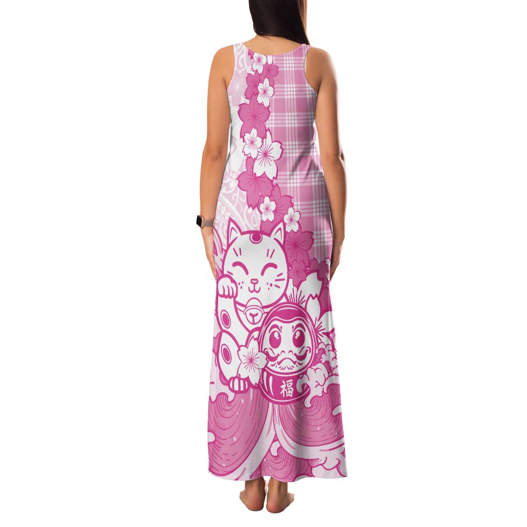 Pink Palaka Hawaiian And Japanese Tank Maxi Dress Maneki Neko And Sakura Bloom