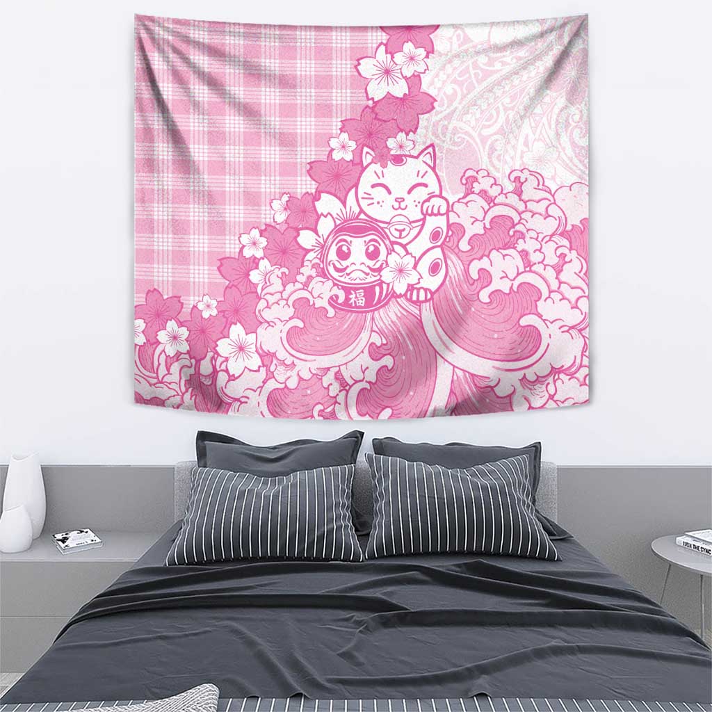 Pink Palaka Hawaiian And Japanese Tapestry Maneki Neko And Sakura Bloom