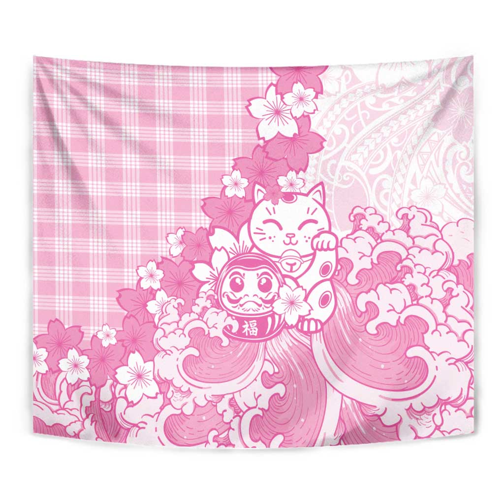 Pink Palaka Hawaiian And Japanese Tapestry Maneki Neko And Sakura Bloom