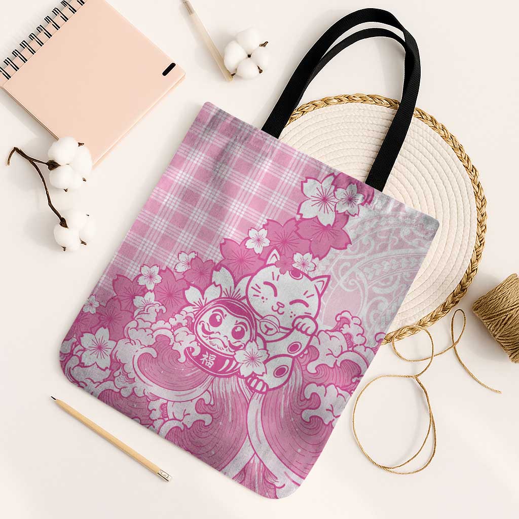 Pink Palaka Hawaiian And Japanese Tote Bag Maneki Neko And Sakura Bloom