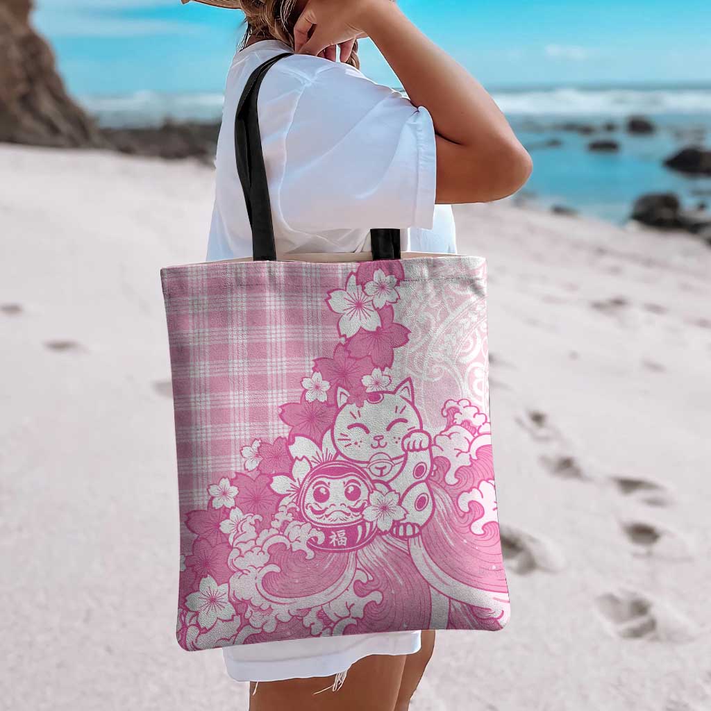 Pink Palaka Hawaiian And Japanese Tote Bag Maneki Neko And Sakura Bloom