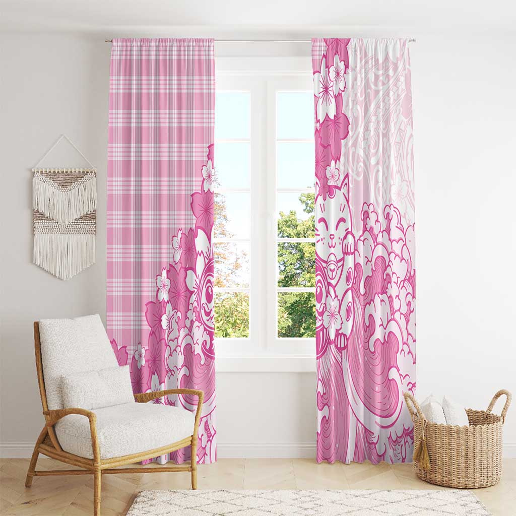 Pink Palaka Hawaiian And Japanese Window Curtain Maneki Neko And Sakura Bloom