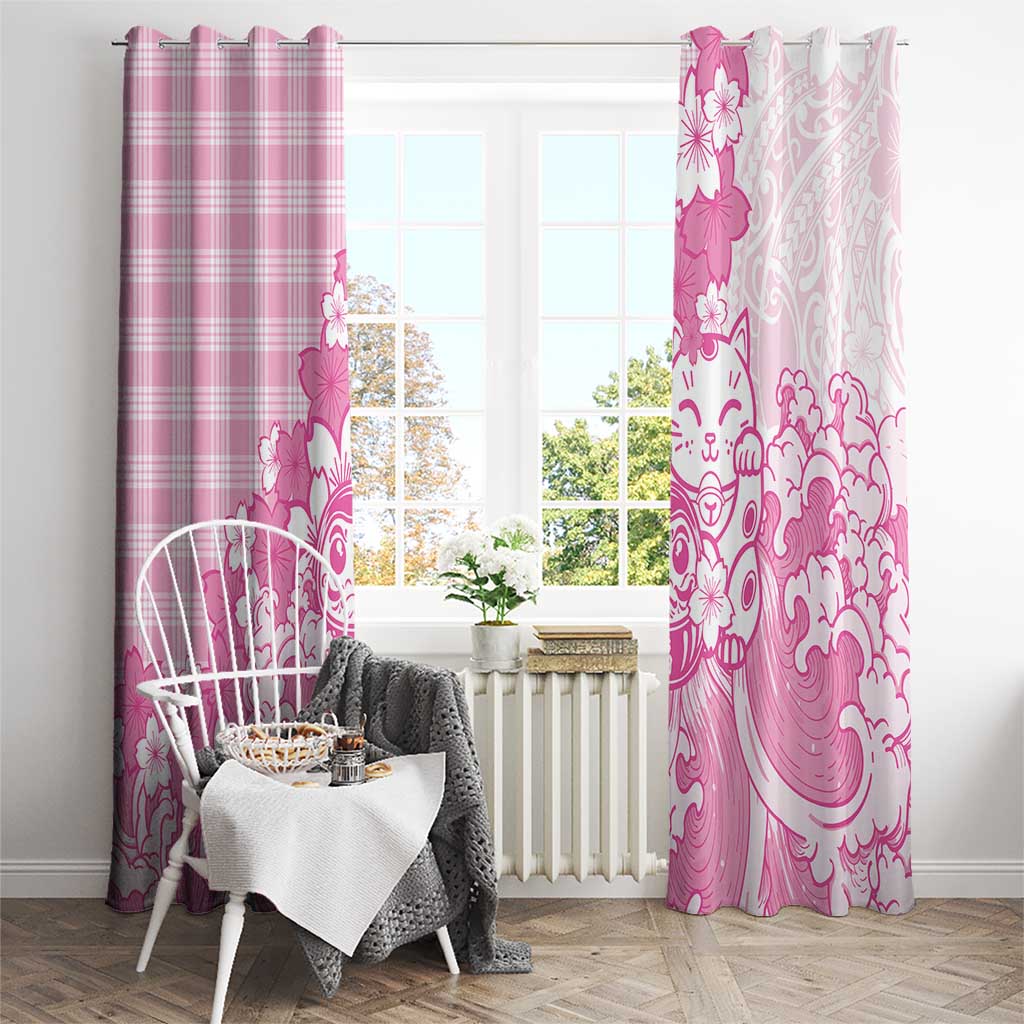 Pink Palaka Hawaiian And Japanese Window Curtain Maneki Neko And Sakura Bloom