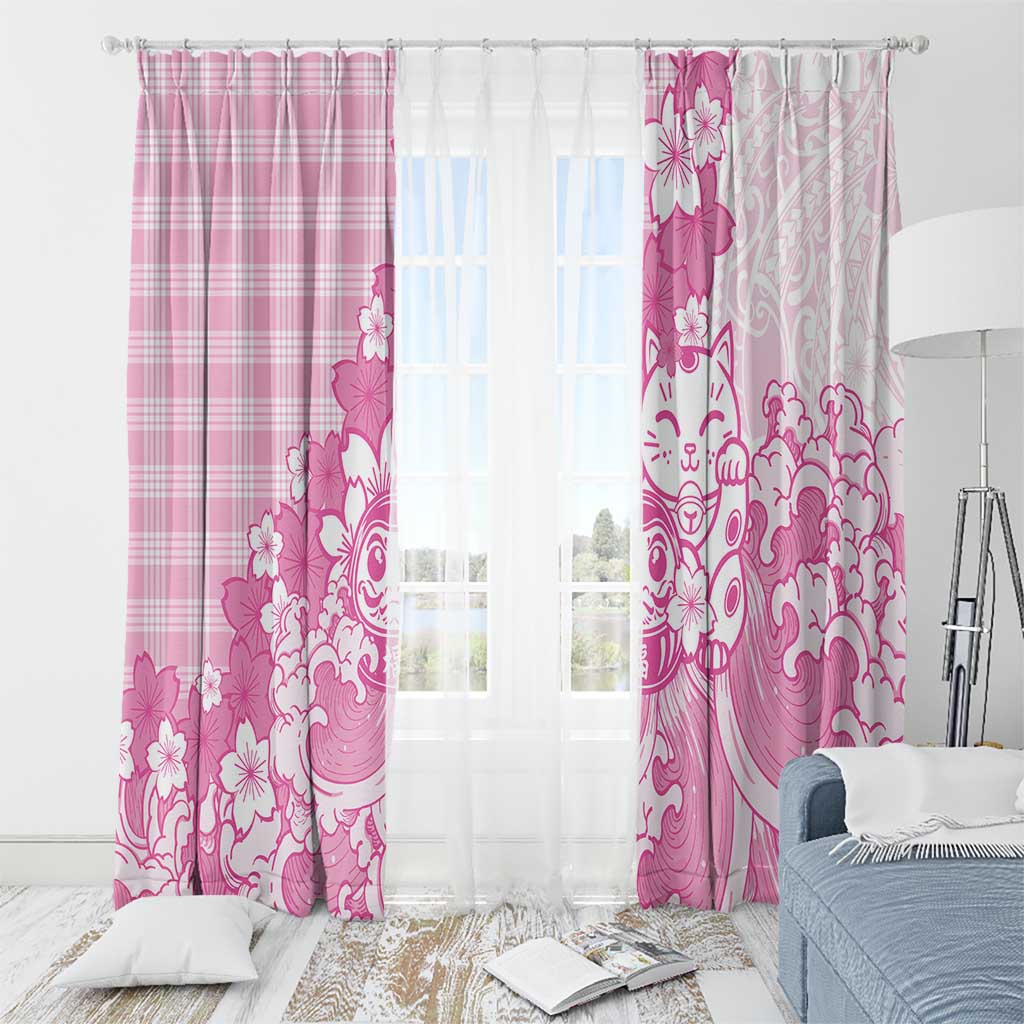 Pink Palaka Hawaiian And Japanese Window Curtain Maneki Neko And Sakura Bloom
