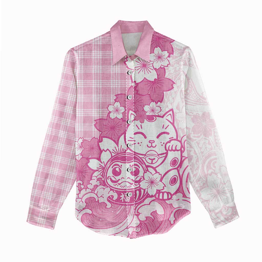 Pink Palaka Hawaiian And Japanese Women Casual Shirt Maneki Neko And Sakura Bloom