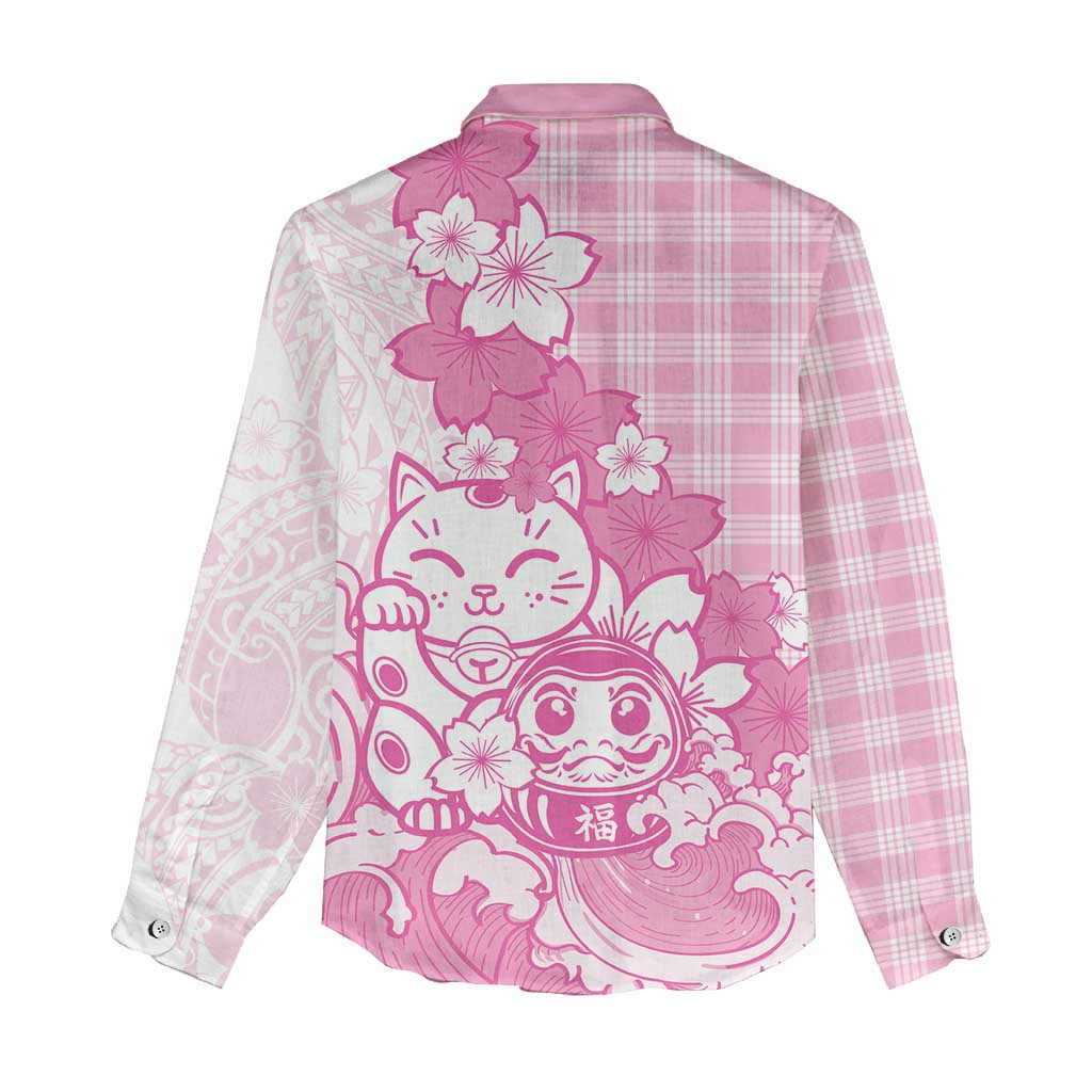 Pink Palaka Hawaiian And Japanese Women Casual Shirt Maneki Neko And Sakura Bloom