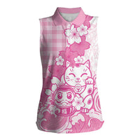 Pink Palaka Hawaiian And Japanese Women Sleeveless Polo Shirt Maneki Neko And Sakura Bloom