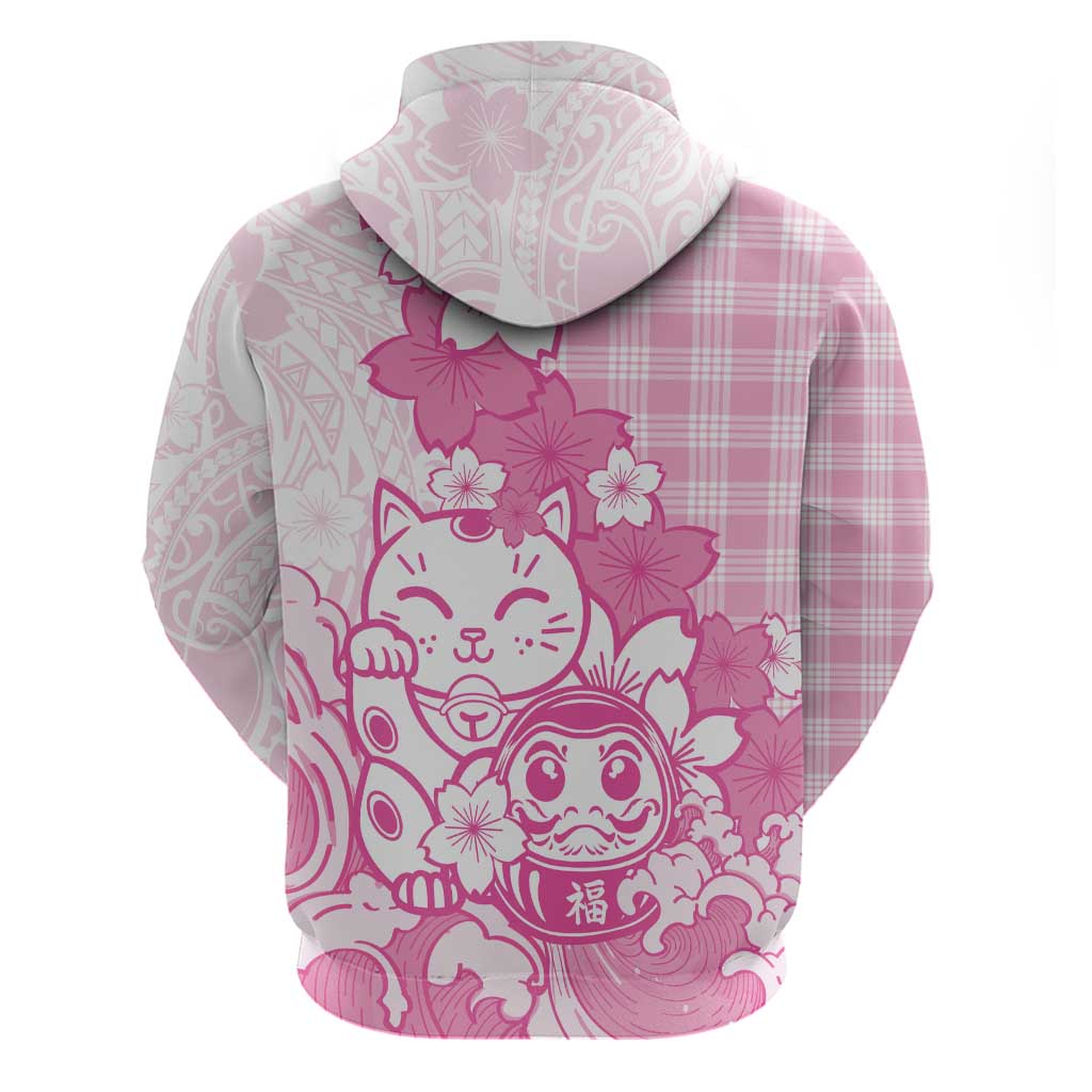 Pink Palaka Hawaiian And Japanese Zip Hoodie Maneki Neko And Sakura Bloom