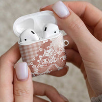 Beige Palaka Hawaiian And Japanese AirPods Case Maneki Neko And Sakura Bloom