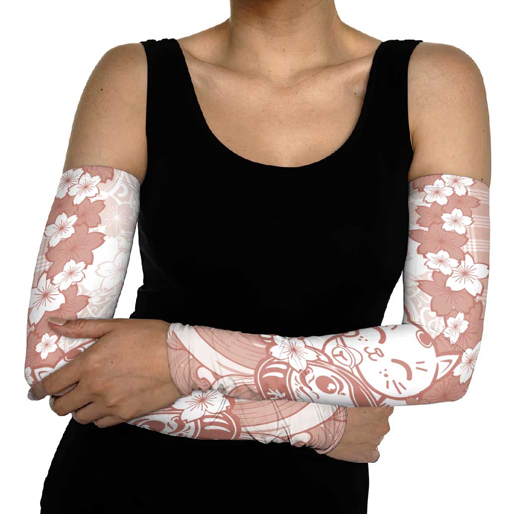 Beige Palaka Hawaiian And Japanese Arm Sleeves Maneki Neko And Sakura Bloom