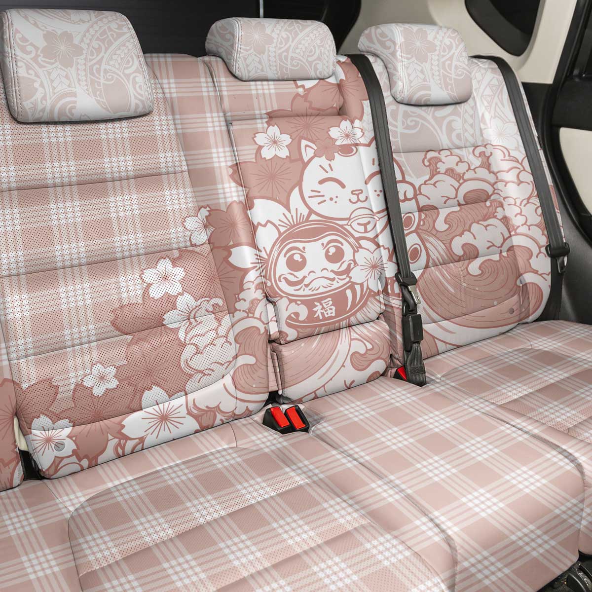 Beige Palaka Hawaiian And Japanese Back Car Seat Cover Maneki Neko And Sakura Bloom