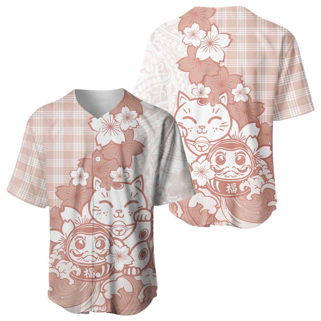 Beige Palaka Hawaiian And Japanese Baseball Jersey Maneki Neko And Sakura Bloom