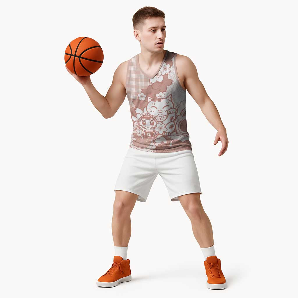 Beige Palaka Hawaiian And Japanese Basketball Jersey Maneki Neko And Sakura Bloom