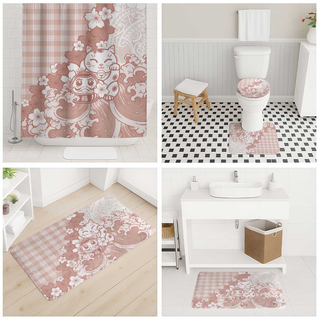 Beige Palaka Hawaiian And Japanese Bathroom Set Maneki Neko And Sakura Bloom