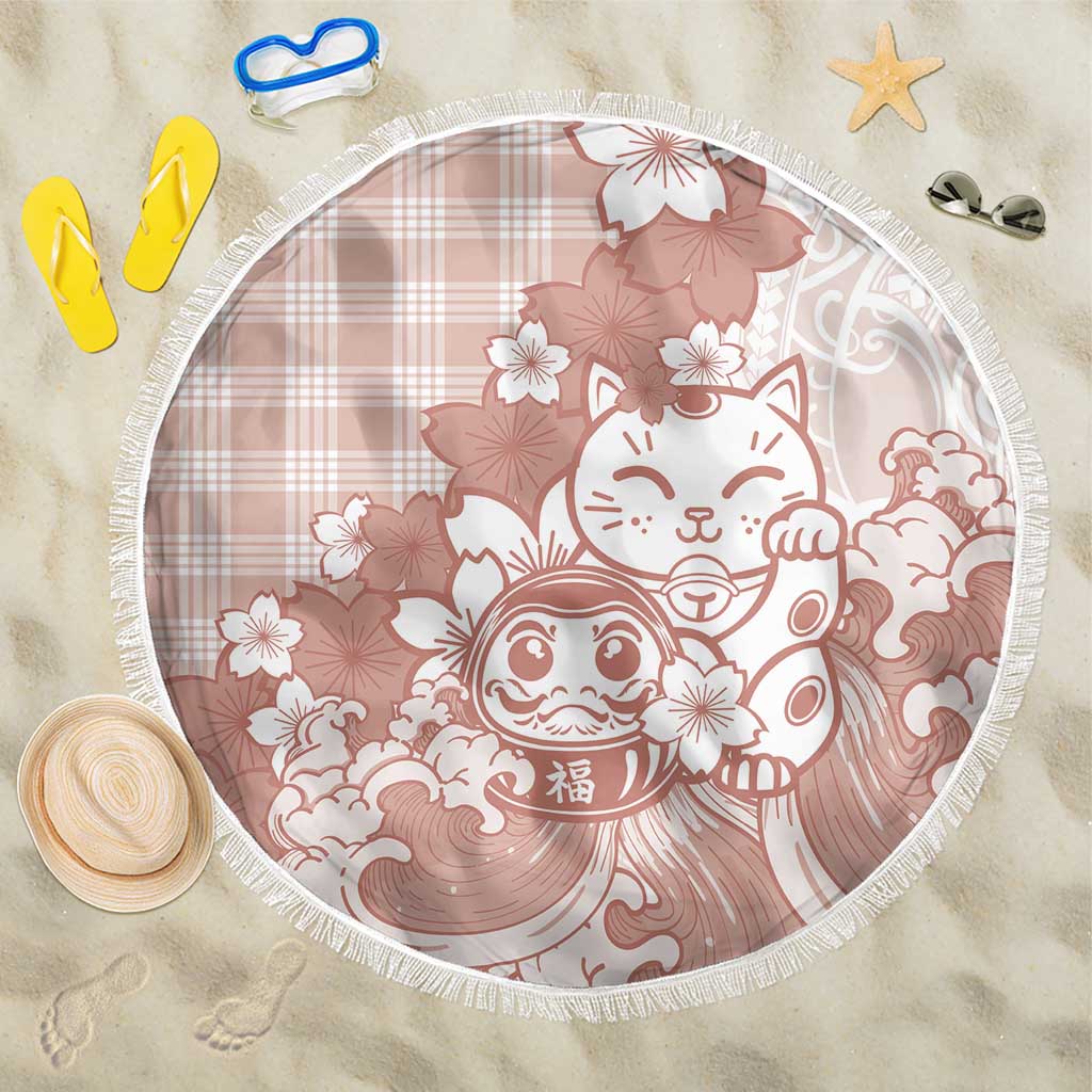 Beige Palaka Hawaiian And Japanese Beach Blanket Maneki Neko And Sakura Bloom