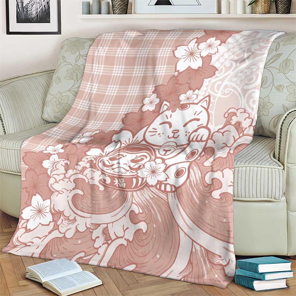 Beige Palaka Hawaiian And Japanese Blanket Maneki Neko And Sakura Bloom