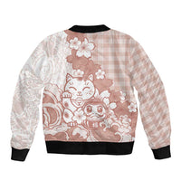 Beige Palaka Hawaiian And Japanese Bomber Jacket Maneki Neko And Sakura Bloom