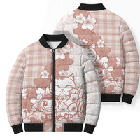 Beige Palaka Hawaiian And Japanese Bomber Puffer Jacket Maneki Neko And Sakura Bloom