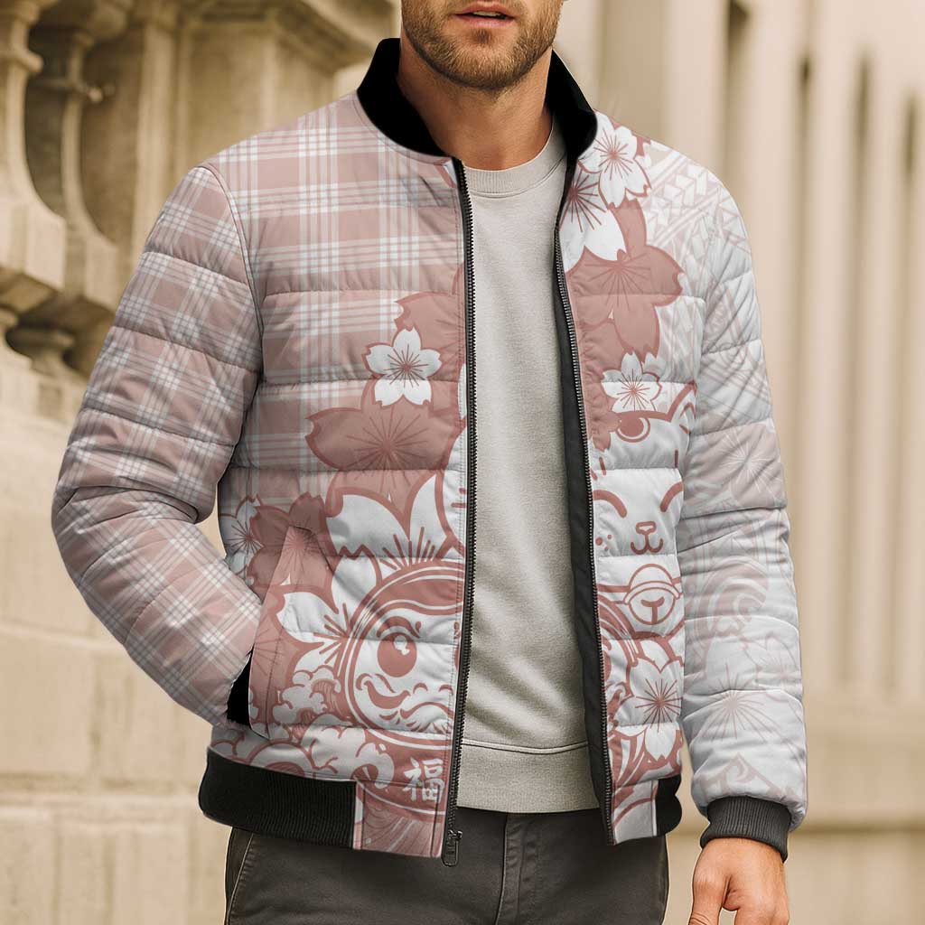 Beige Palaka Hawaiian And Japanese Bomber Puffer Jacket Maneki Neko And Sakura Bloom