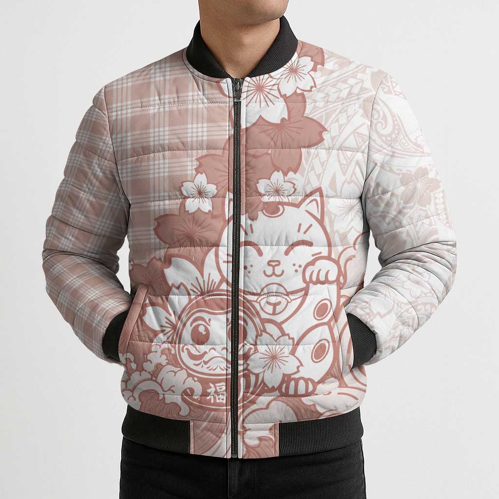 Beige Palaka Hawaiian And Japanese Bomber Puffer Jacket Maneki Neko And Sakura Bloom