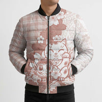 Beige Palaka Hawaiian And Japanese Bomber Puffer Jacket Maneki Neko And Sakura Bloom