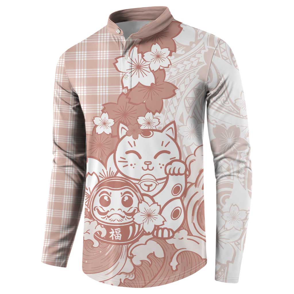 Beige Palaka Hawaiian And Japanese Button Sweatshirt Maneki Neko And Sakura Bloom