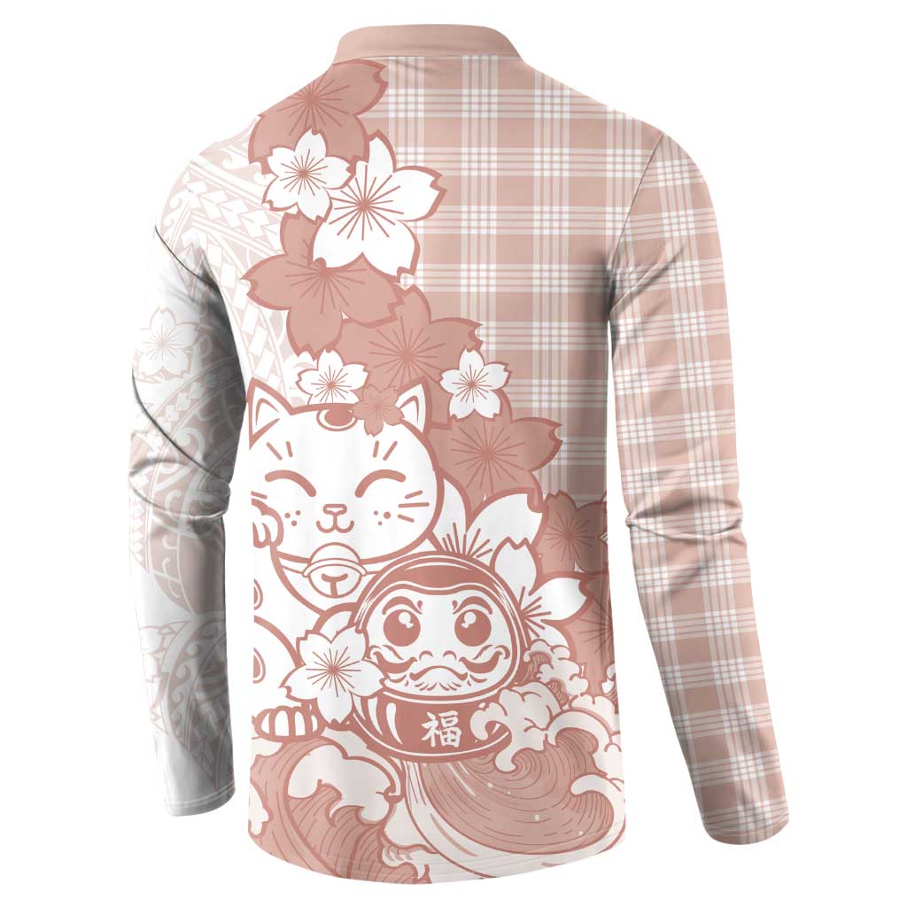Beige Palaka Hawaiian And Japanese Button Sweatshirt Maneki Neko And Sakura Bloom