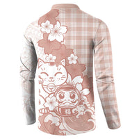 Beige Palaka Hawaiian And Japanese Button Sweatshirt Maneki Neko And Sakura Bloom