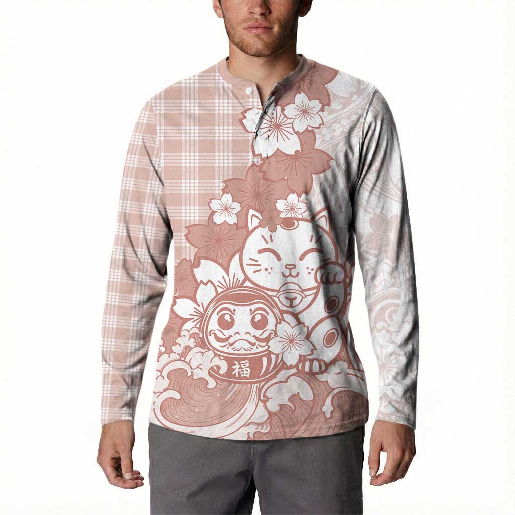 Beige Palaka Hawaiian And Japanese Button Sweatshirt Maneki Neko And Sakura Bloom