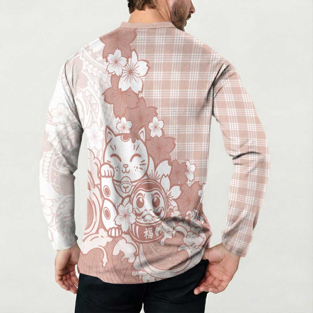 Beige Palaka Hawaiian And Japanese Button Sweatshirt Maneki Neko And Sakura Bloom
